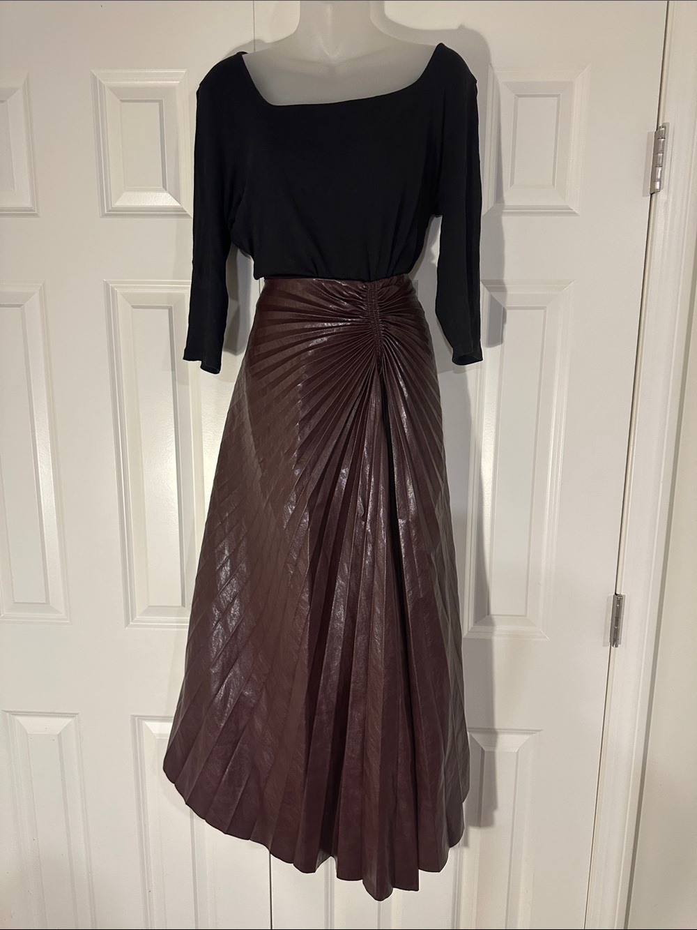 A.L.C. Pleated Faux Leather A-Line Skirt in Brown - Picture 2 of 9
